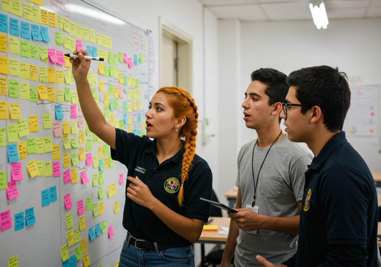 Tres jóvenes colaboran en una oficina, de pie junto a una pizarra llena de notas adhesivas de colores. Uno de ellos señala una nota con un rotulador mientras discuten ideas de marketing y exploran juntos los fundamentos del marketing.