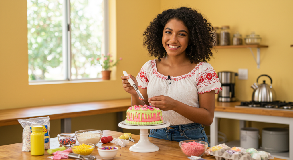 Una mujer sonriente decora una torta especial con glaseado rosa en una cocina luminosa. A su alrededor, sobre la encimera de madera, hay varios cuencos con materiales de decoración, espolvoreadores e ingredientes que demuestran sus habilidades pasteleras de Nivel 2.