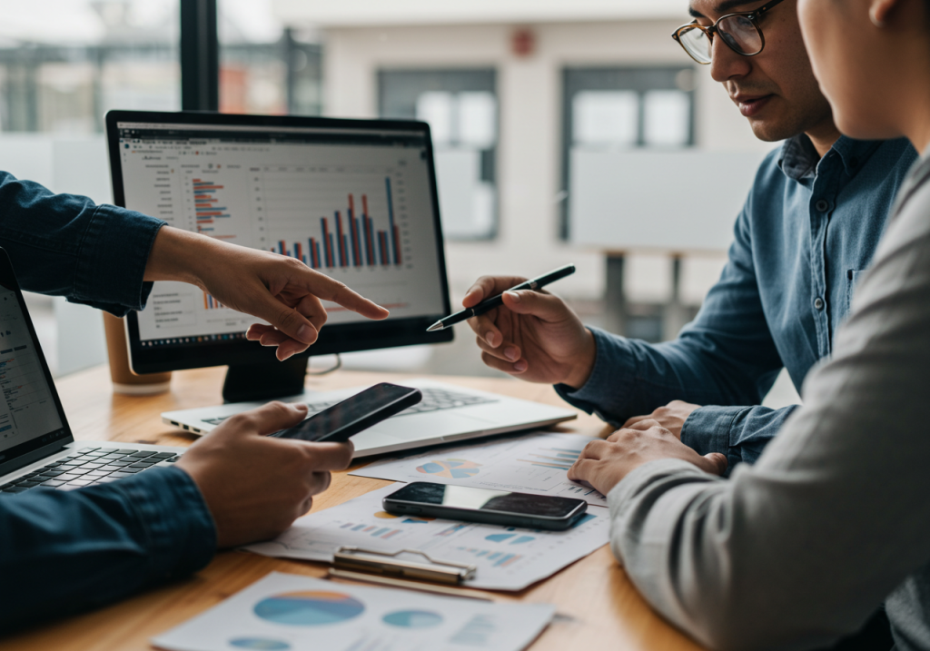 Tres personas discuten datos en una mesa con tablas, gráficos y teléfonos inteligentes. Las pantallas de ordenador muestran coloridos gráficos de barras y de tarta, lo que sugiere una reunión de negocios centrada en la gestión comercial y la transformación digital en la Fundación Universitaria Comfamiliar.
