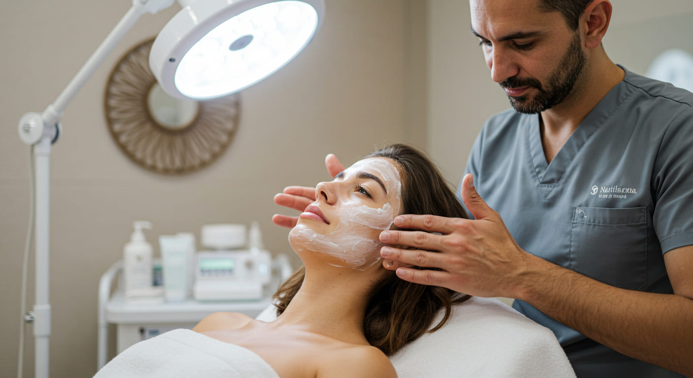 Una mujer tumbada en una camilla de tratamiento mientras un profesional vestido de gris le aplica una máscara facial bajo una luz de exploración brillante, disfruta de tratamientos faciales de nivel 1 en un relajante spa o clínica.