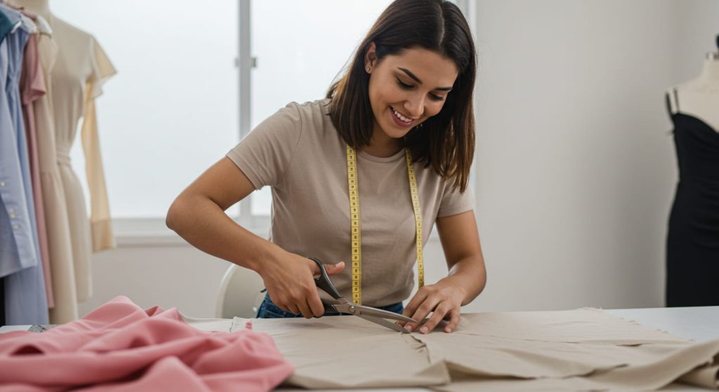 Una mujer sonríe mientras trabaja en el trazo y corte de tela con tijeras en una mesa, llevando una cinta métrica alrededor del cuello. Ropa y un molde de vestido en el fondo insinúan confección básica de ropa en su espacio de trabajo de costura.