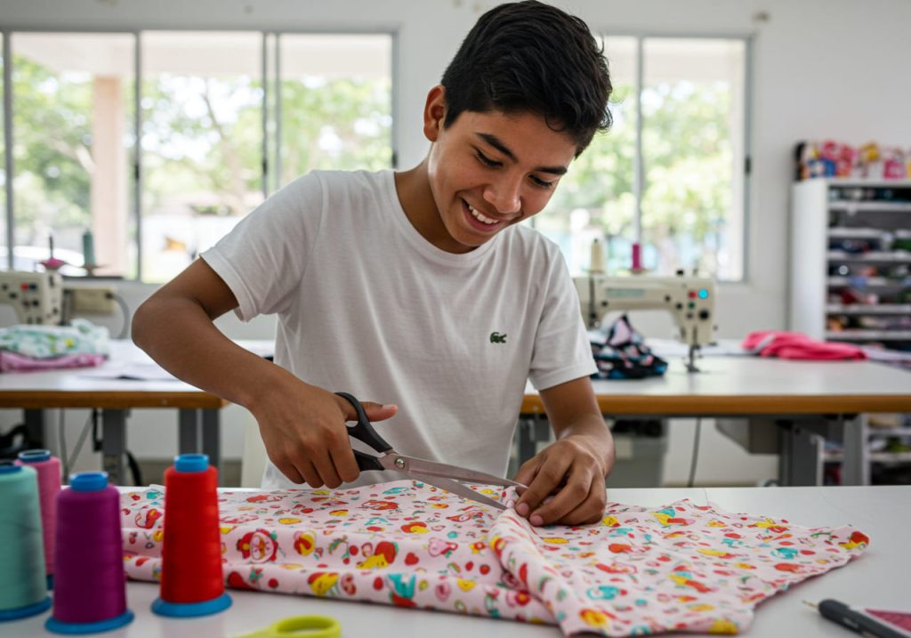 Una joven sonriente con camiseta blanca utiliza unas tijeras para cortar, recortando telas con estampados de colores en una mesa de costura, con carretes de hilo y máquinas de coser listas para confección para mascotas al fondo.