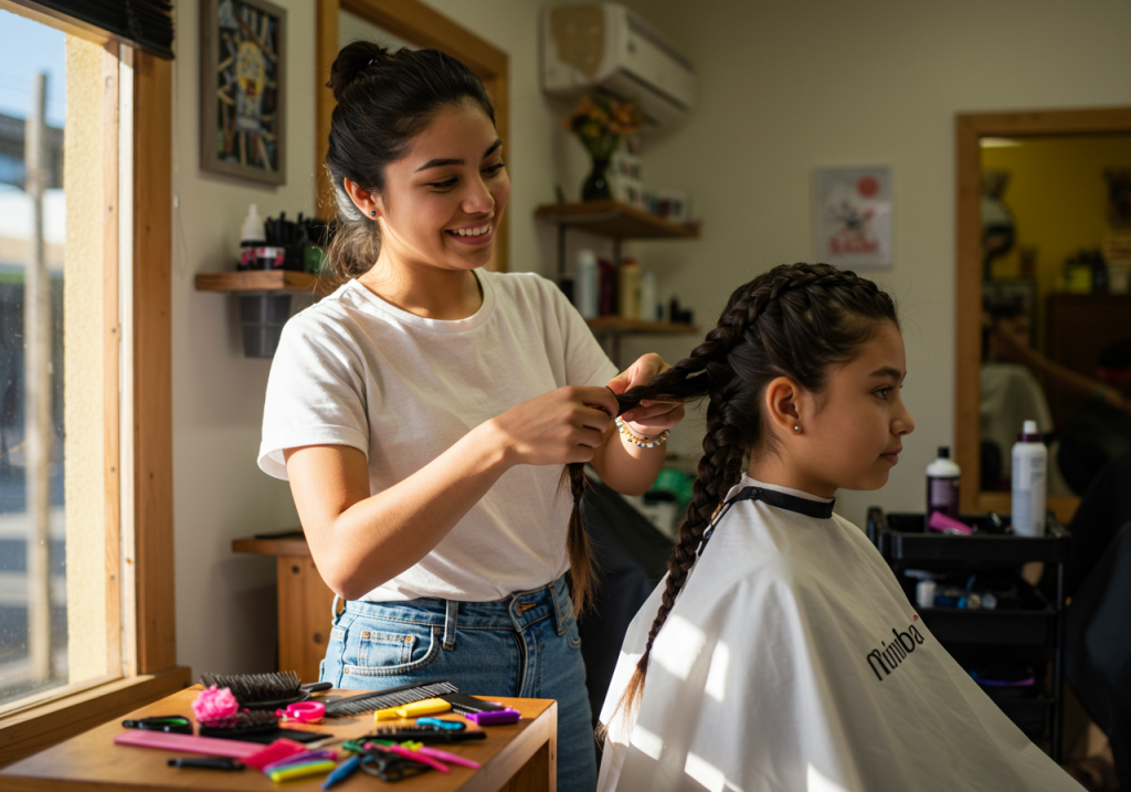 Un peluquero crea trenzas para una joven en un salón. El estilista sonríe y ambos parecen relajados. En el mostrador cercano hay herramientas de peluquería y clips de colores, y la luz del sol entra por una ventana. Perfecto para peinados nivel 1.