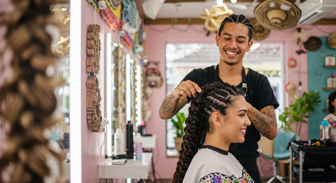 Una peluquera con tatuajes sonríe mientras crea trenzas en el pelo de una mujer sentada en el interior de un salón decorado alegremente con paredes rosas y herramientas de peluquería, mostrando su estilo único.