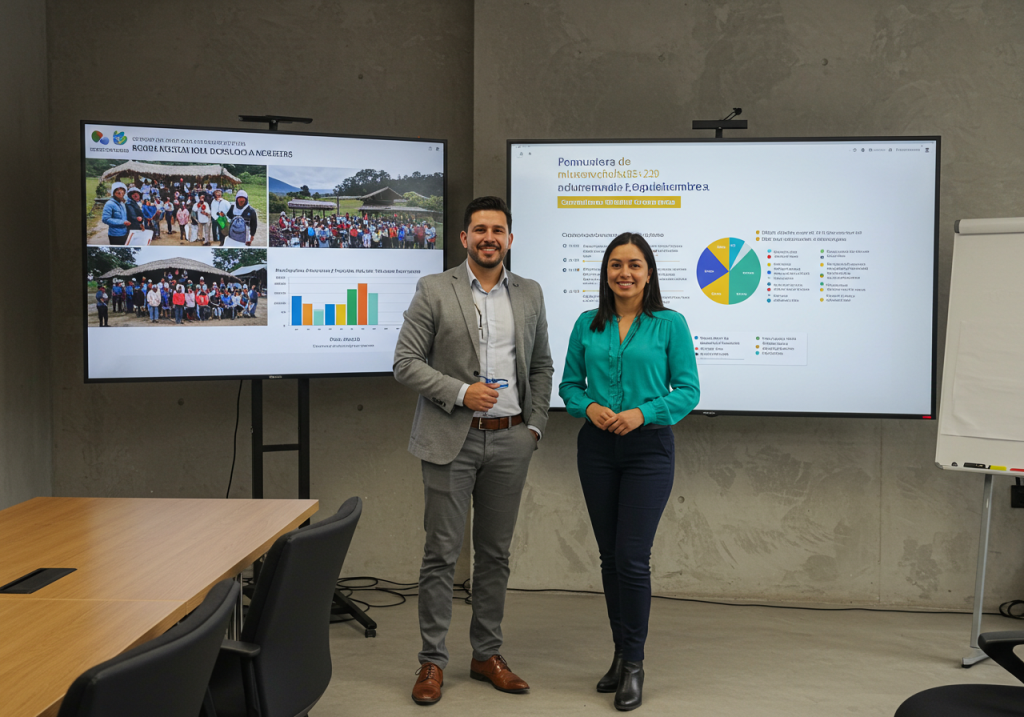 Dos personas sonríen de pie en una moderna sala de conferencias de la Universidad de los Andes. Detrás de ellos, unas pantallas muestran gráficos sobre gestión responsable y fotos de grupo. Una mesa vacía y un rotafolio completan el ambiente profesional.