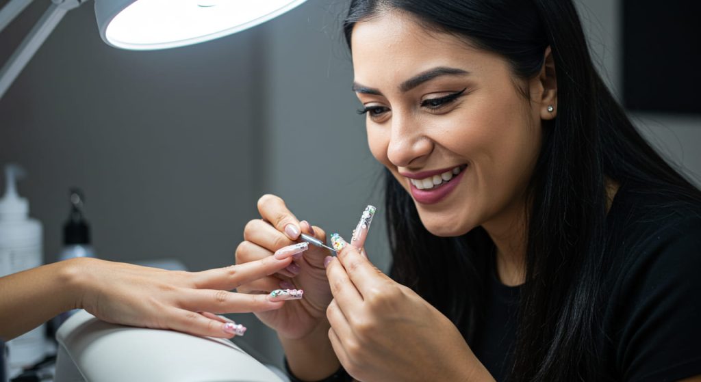 Una técnica de uñas sonriente aplica nail art encapsulado a las uñas de una clienta bajo una lámpara brillante en un salón de belleza.