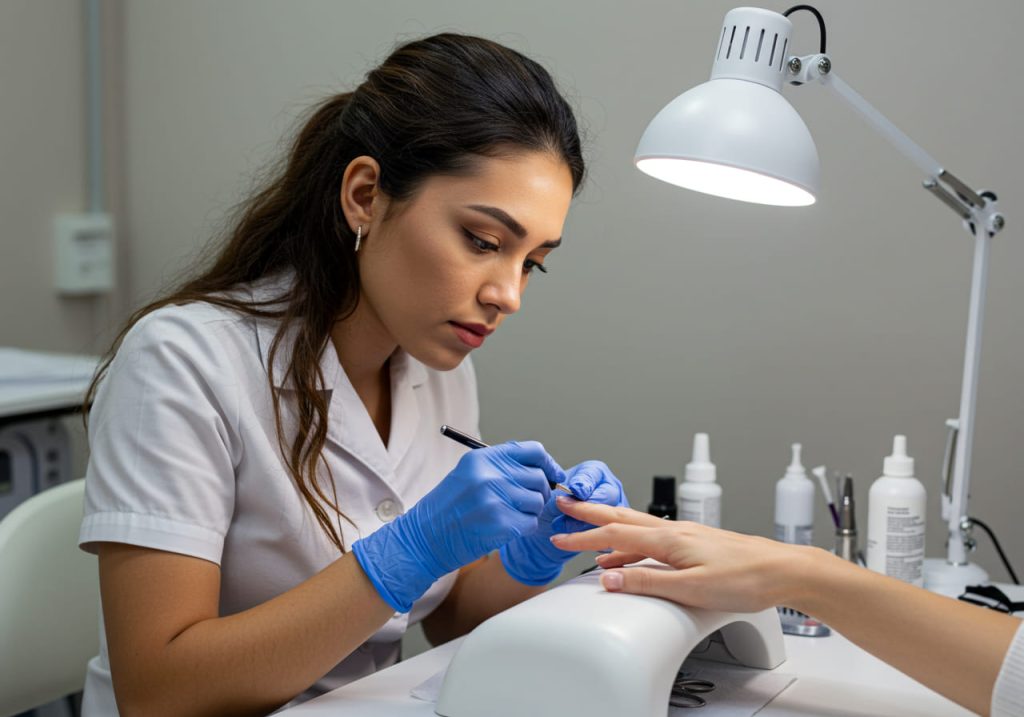 Una técnica de uñas con guantes azules aplica esmalte a las uñas de una clienta con precisión de manicura rusa bajo una brillante lámpara de escritorio en un salón de belleza. Sobre la mesa se ven varios frascos de productos para uñas.