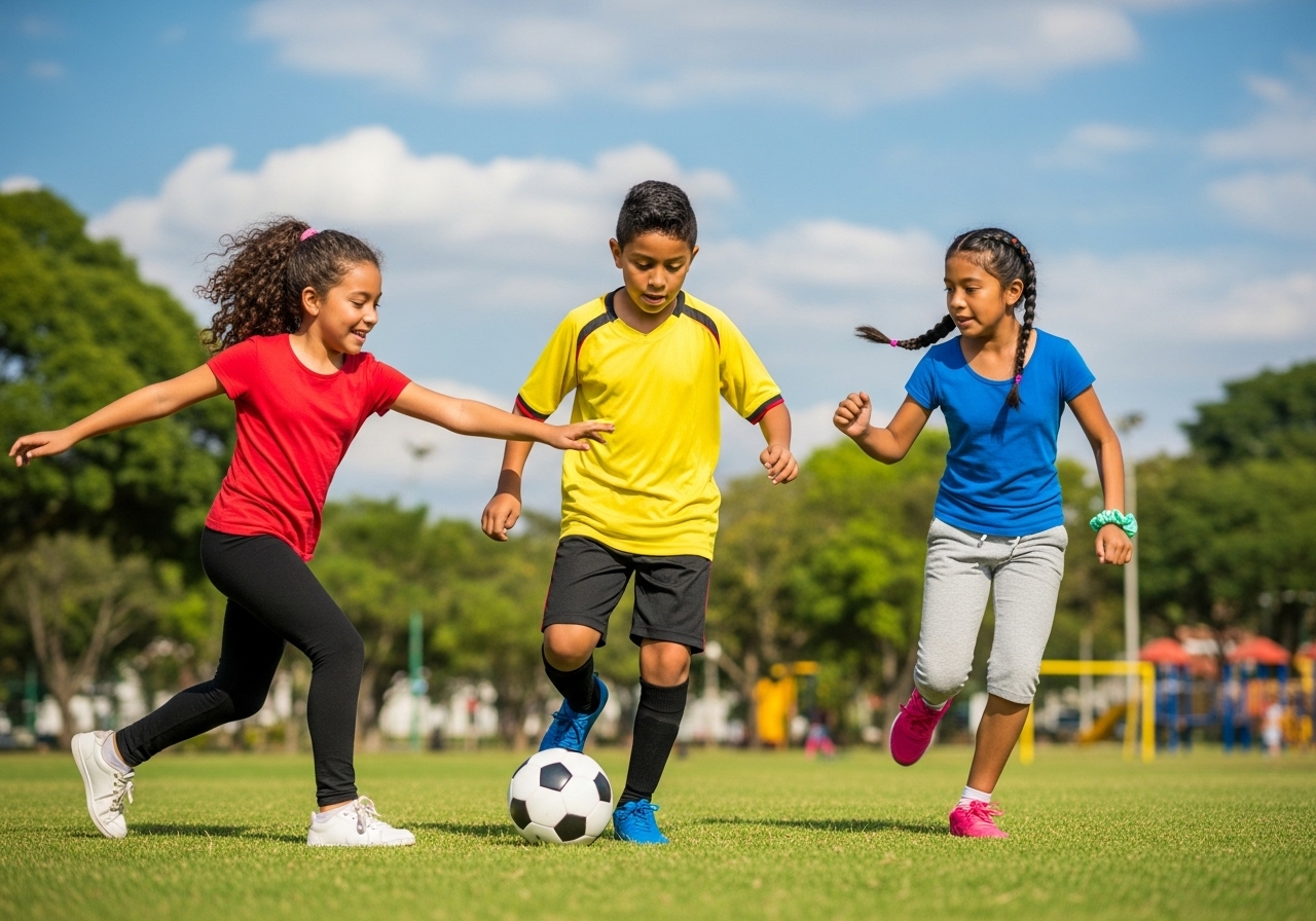 Tres niños de Vacaciones Kids (7 a 9 años) juegan al fútbol en un campo de hierba bajo un cielo azul. El niño del centro viste de amarillo, mientras que las niñas con camisetas rojas y azules disfrutan de sus vacaciones turísticas cerca de árboles y juegos infantiles.
