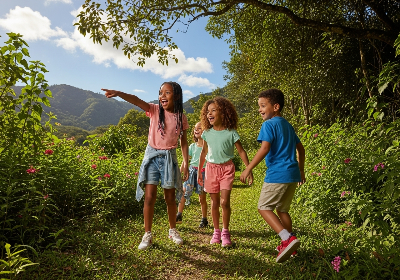 Cuatro niños de 7 a 9 años caminan juntos por un frondoso sendero verde rodeado de árboles y montañas. Una niña señala entusiasmada hacia delante mientras los demás sonríen, disfrutando de su aventura al aire libre Vacaciones Kids.