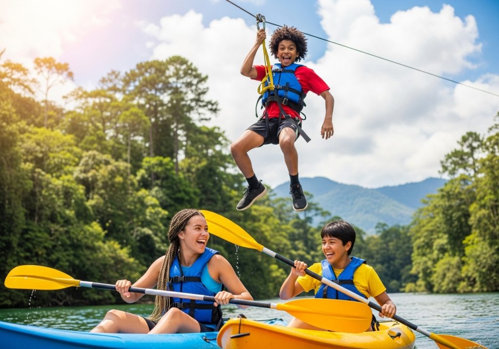 Tres niños disfrutan de Vacaciones Kids: dos (de 7 a 9 años) ríen y reman en kayak en un lago, mientras otro se lanza en tirolina por encima. Todos llevan chalecos salvavidas, rodeados de verdes árboles y montañas bajo un cielo azul con nubes.