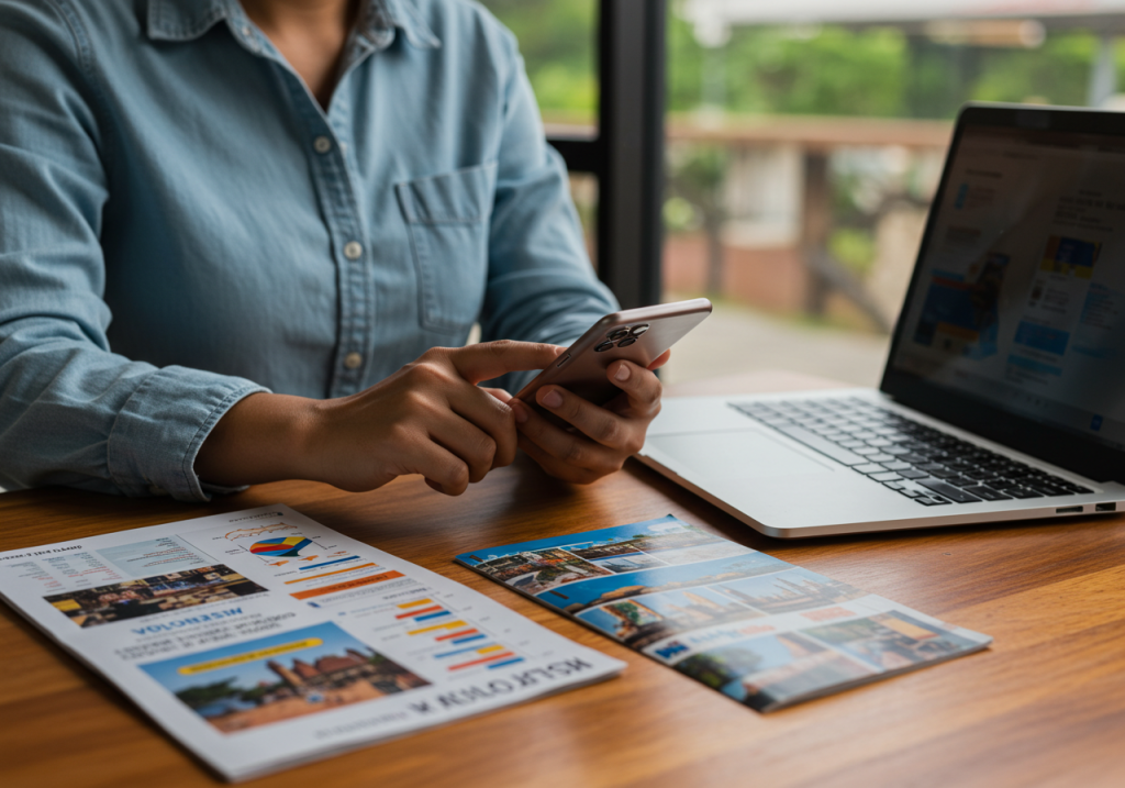 Una persona con camisa vaquera utiliza un smartphone en un escritorio de madera con un ordenador portátil, gráficos de colores y folletos -Digitaliza su empresa Vive travel en el sector turístico- cerca de una ventana con vegetación en el exterior.