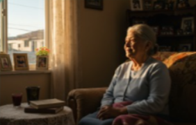 Una mujer mayor está sentada en una silla en una habitación cálidamente iluminada, sonriendo mientras mira por una ventana iluminada por el sol. Rodeada de fotos familiares y libros, encarna el espíritu de aprender a envejecer en un ambiente acogedor y hogareño.