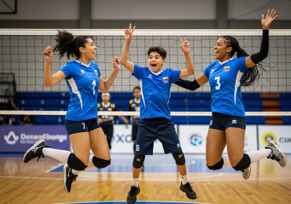 Tres jóvenes jugadoras de voleibol con uniforme azul saltan alegremente delante de una red en una pista cubierta, celebrándolo juntas con grandes sonrisas y los brazos levantados.