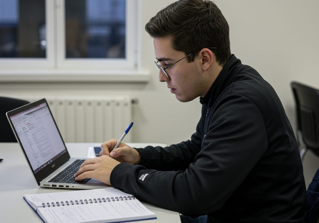 Un joven con gafas trabaja en un escritorio, tecleando en su portátil con una mano -Excel abierto en la pantalla- y escribiendo notas en un cuaderno con la otra. La habitación es luminosa, con una ventana y un radiador al fondo.