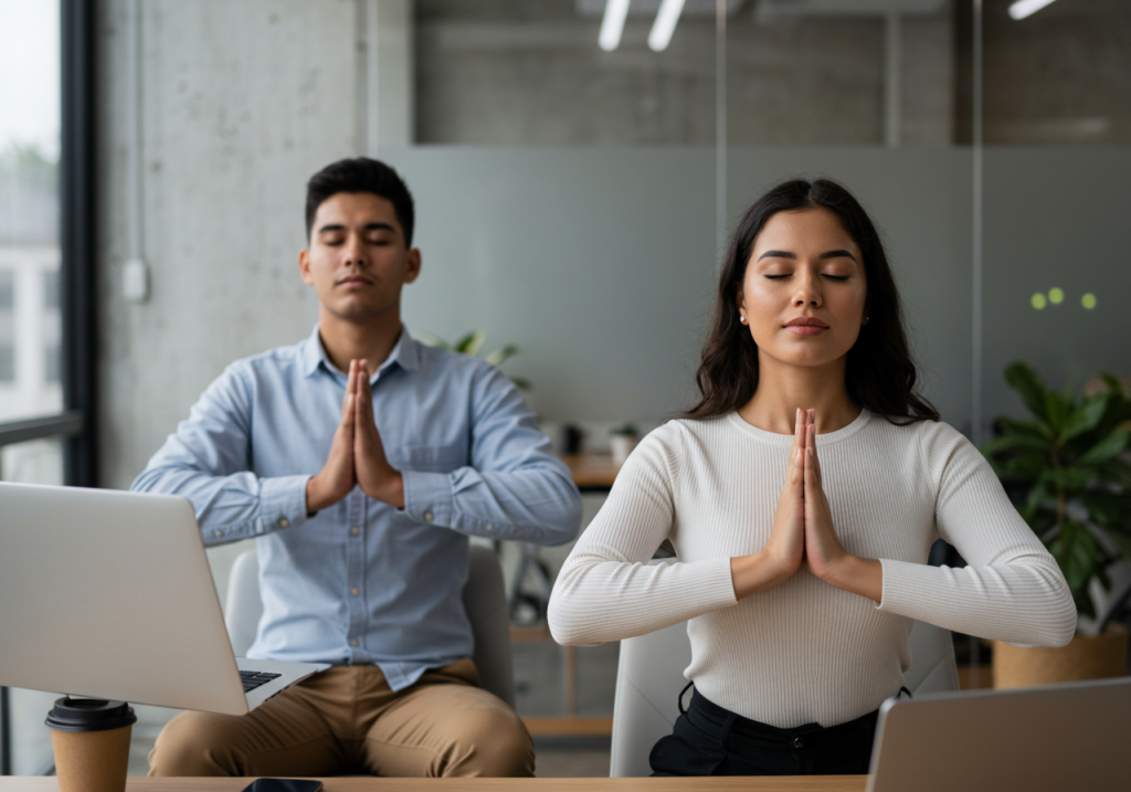 Dos personas practican Zen corporativo en un escritorio con ordenadores portátiles, los ojos cerrados y las manos en posición de oración, meditando en una oficina moderna. Una taza de café se encuentra cerca, destacando sus estrategias de manejo del estrés en el trabajo.