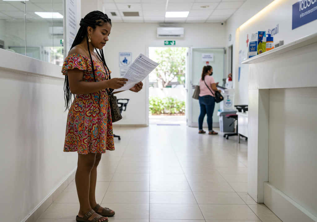 Una mujer con un vestido de colores se encuentra en el pasillo de una clínica leyendo información al paciente, mientras se ve a otra persona cerca de un mostrador al fondo. El interior de la clínica es luminoso, con paredes blancas y suelos de baldosas.