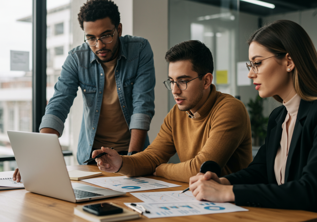 Tres personas trabajan juntas en un escritorio, mirando atentamente la pantalla de un ordenador portátil. Rodeados de documentos y gráficos, participan en una reunión de trabajo centrada en la analítica de datos, quizá como parte de un proyecto diplomado o de colaboración.
