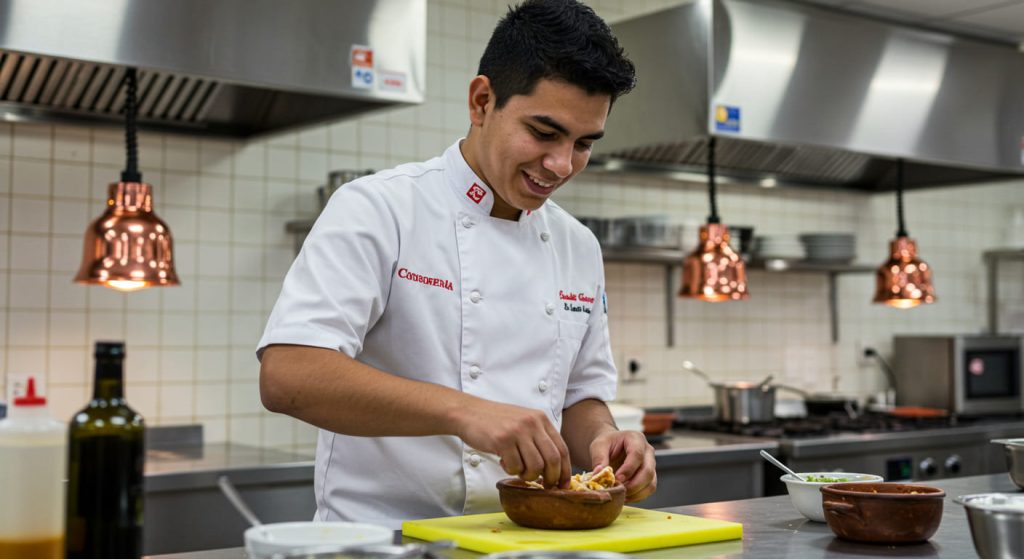 Un chef con uniforme blanco prepara la comida en el mostrador de una cocina, sonriendo mientras coloca los ingredientes en un bol. Los electrodomésticos de acero inoxidable y las cálidas luces colgantes crean el ambiente perfecto para Aprendiendo a Cocinar nuevas recetas.
