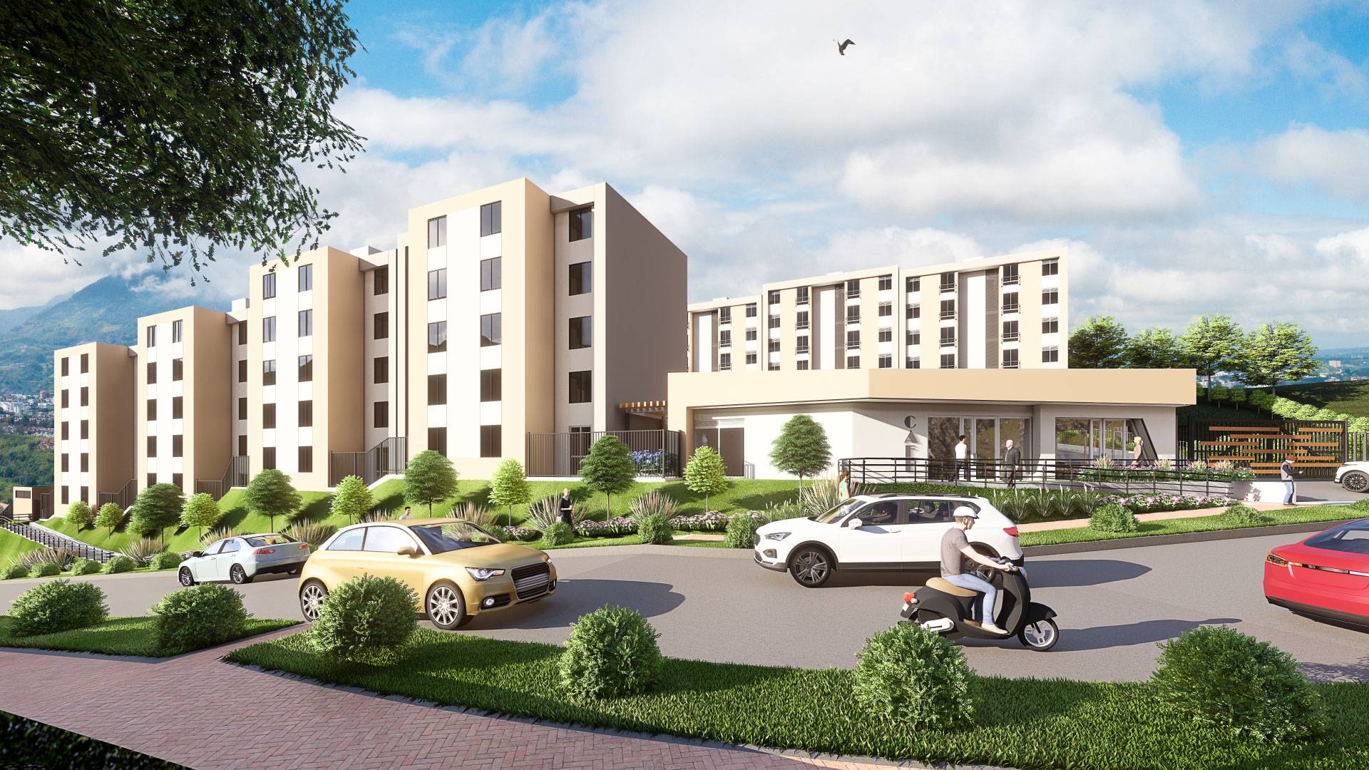 Un moderno complejo residencial, Serranías Reservado, presenta varios edificios de mediana altura de color beige, coches y una scooter en una carretera de curvas, todo ello rodeado de un exuberante paisaje verde bajo un cielo parcialmente nublado.