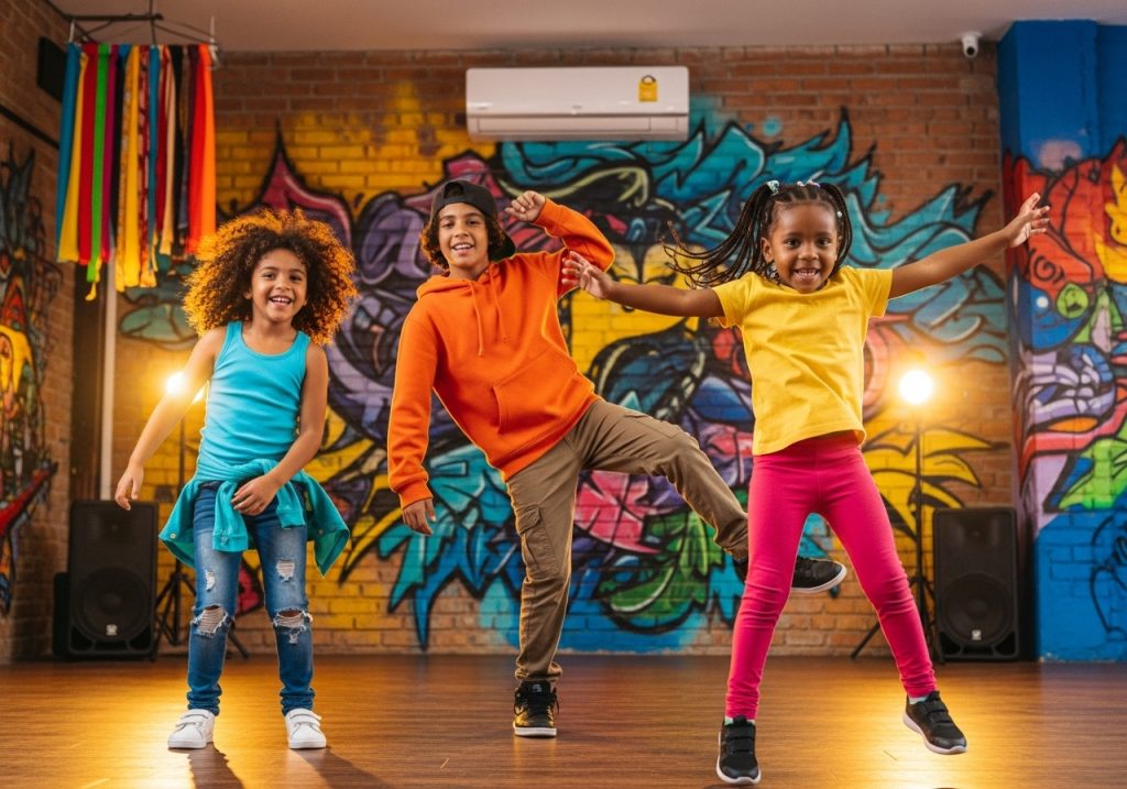 Tres niños sonrientes bailan enérgicamente en un colorido estudio con paredes de ladrillo y brillantes grafitis. Dos niñas y un niño, vestidos con vibrantes trajes de chef infantil, disfrutan de la animada escena bajo las cálidas luces del escenario.