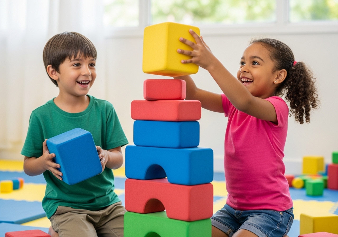 Dos niños pequeños, de 5 a 6 años, juegan alegremente con bloques de espuma de colores durante las Chiquivacaciones, construyendo juntos una torre alta en una habitación luminosa y alegre. El niño sostiene un bloque azul y la niña añade uno amarillo a la parte superior.