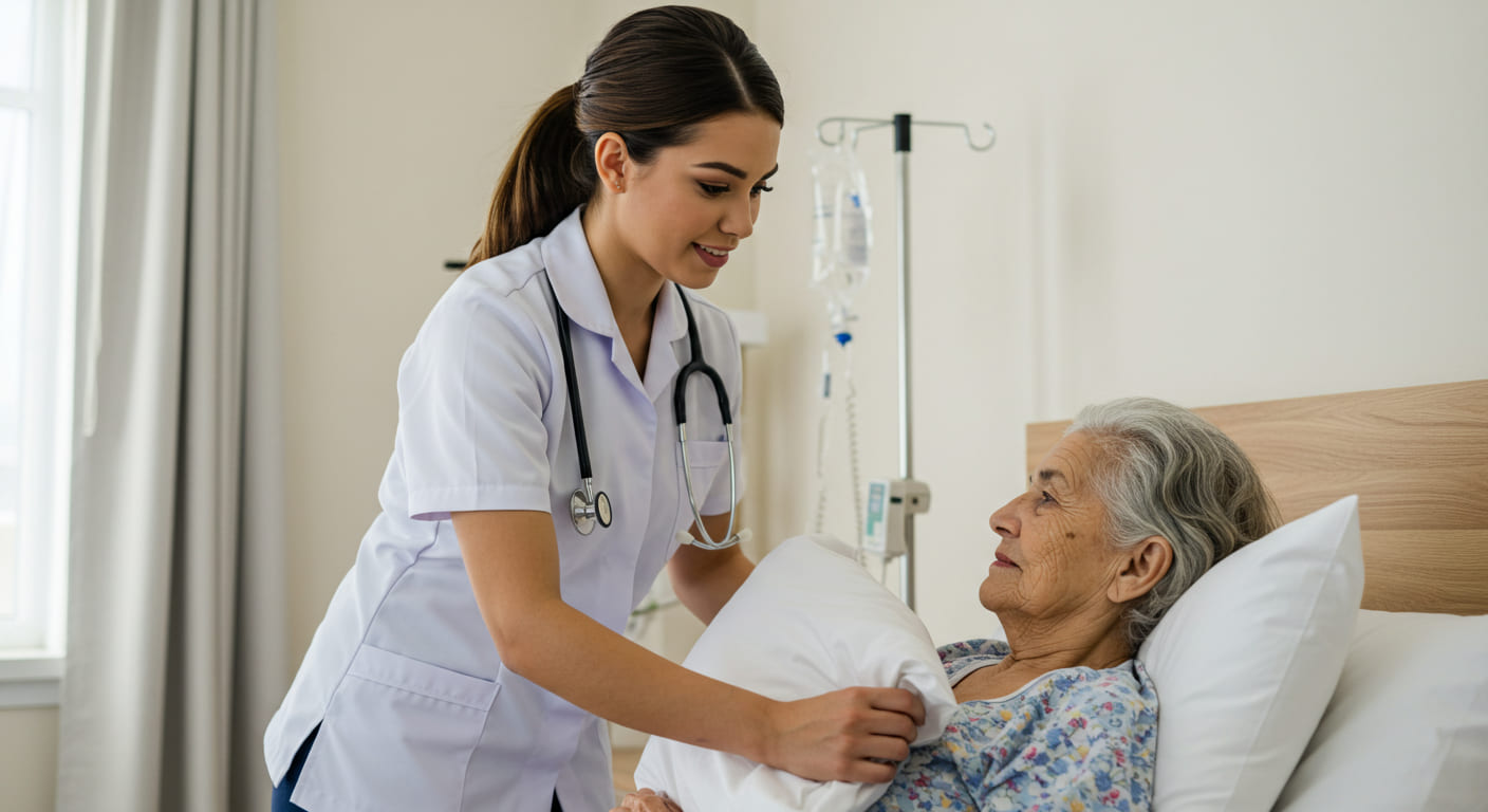 Una enfermera con competencias de cuidado de personas dependientes y estetoscopio ajusta una almohada a una anciana tumbada en una cama de hospital, ambas sonríen amablemente en la bien iluminada habitación del paciente.