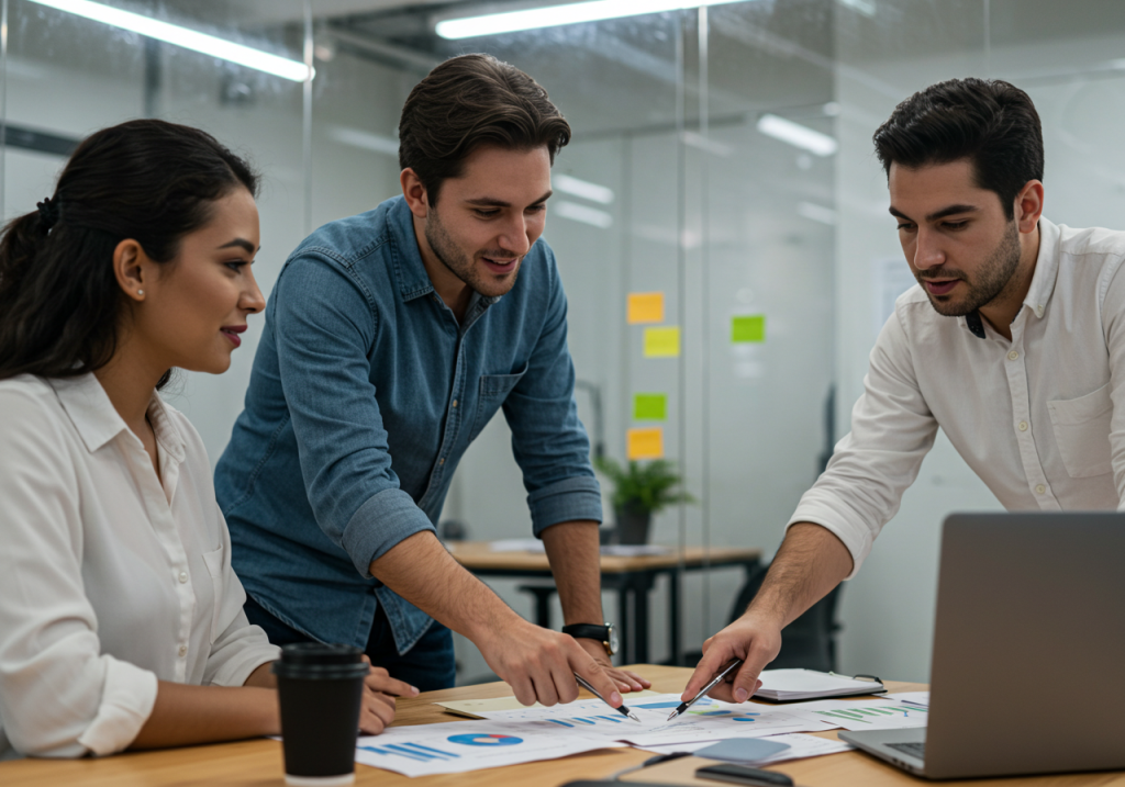 Tres colegas se reúnen en torno a una mesa de una oficina moderna para debatir sobre tablas y gráficos: claves para elecciones y decisiones con impacto. Dos hombres señalan documentos mientras una mujer escucha, con un portátil y una taza de café cerca.