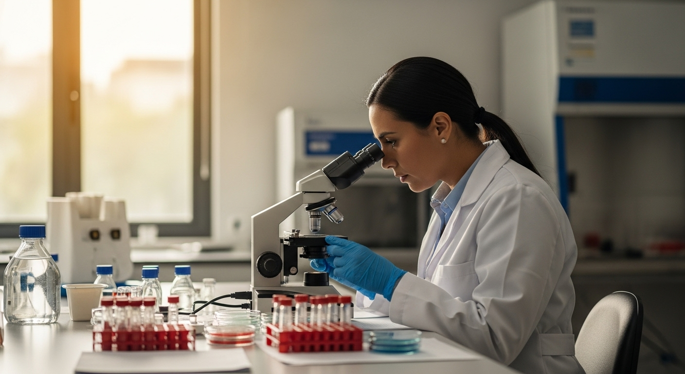 Un científico con bata blanca y guantes azules mira a través de un microscopio en un laboratorio, rodeado de tubos de ensayo y equipos mientras realiza una investigación clínica.