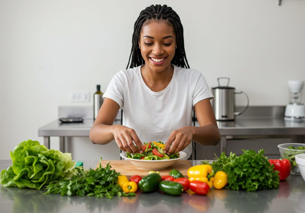 Una mujer con el pelo trenzado y camiseta blanca sonríe mientras prepara ensaladas en un mostrador de cocina, rodeada de verduras frescas como lechugas, pimientos y hierbas aromáticas, perfectas para los ensaladictos del mundo de las ensaladas.