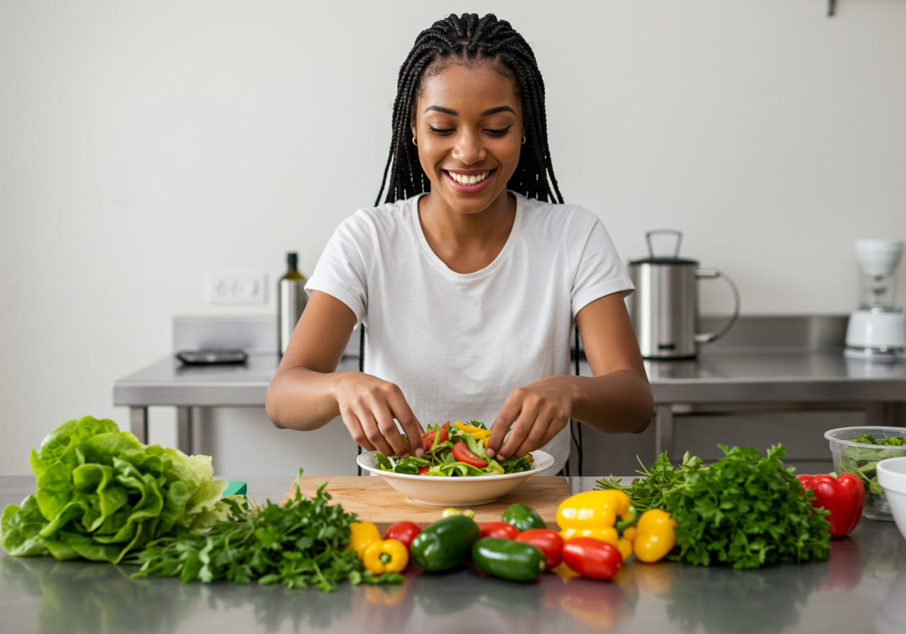 Una mujer con el pelo trenzado y camiseta blanca sonríe mientras prepara ensaladas en un mostrador de cocina, rodeada de verduras frescas como lechugas, pimientos y hierbas aromáticas, perfectas para los ensaladictos del mundo de las ensaladas.