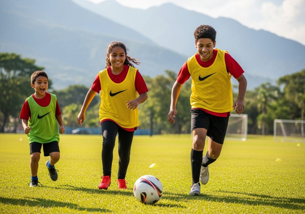 Tres niños con chalecos de entrenamiento amarillos y verdes corren juntos en un campo de fútbol de hierba hacia un balón de fútbol, sonriendo y disfrutando del juego, con montañas y árboles de fondo.
