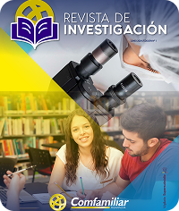 Portada de la Revista de Investigación con un microscopio, un estudiante escribiendo, una mujer sonriendo y estanterías de fondo. El logotipo de Comfamiliar y el Centro de investigación destacan su compromiso con la investigación.