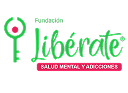 Logotipo de la Fundación Libérate con una llave verde con un punto rosa dentro y el texto verde "Libérate". Debajo, un recuadro rosa con texto en blanco reza "Salud Mental y Adicciones" de la Fundación Libérate.