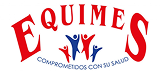 Logo de EQUIMES distribuciones con figuras humanas estilizadas en azul y rojo con los brazos levantados. Debajo, el texto dice: Comprometidos con su salud.