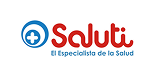 Logotipo de Saluti con una cruz médica azul en un círculo a la izquierda, un texto en rojo que dice Saluti y el eslogan El Especialista de la Salud en azul debajo.