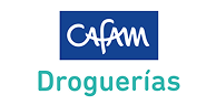 Logotipo con la palabra Cafam en letras cursivas blancas sobre un rectángulo azul encima de la palabra Droguerías en letras turquesas sobre fondo blanco, representando a Droguería Cafam, tu farmacia de confianza para medicamentos.