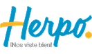 Logotipo con la palabra Herpo en letra azul, con un swoosh amarillo bajo la letra H. Debajo, en texto blanco más pequeño con contorno azul, se lee: sobre fondo gris.