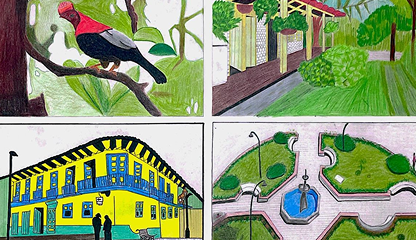 Cuatro dibujos en color: un pájaro rojo y negro sobre una rama, un exuberante jardín con plantas colgantes, un edificio amarillo y azul brillante y un parque con senderos, vegetación y una fuente central, cada uno de ellos reflejo de un cuidadoso dibujo técnico inspirado en el PCC.
