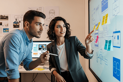Dos colegas, un hombre y una mujer, discuten y señalan diagramas en una gran pantalla en una oficina, colaborando en un proyecto para mejorar la Productividad Laboral. En el fondo se ven pantallas de ordenador y gráficos sobre la optimización del rendimiento.