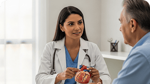 Una doctora con bata blanca muestra un modelo de corazón humano a un paciente varón de edad avanzada durante una consulta, destacando la importancia de la atención materna y la salud en general en su consulta médica.