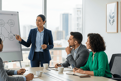 Una mujer trajeada presenta un diagrama en un rotafolio a tres colegas en una mesa de conferencias, todos escuchando atentamente en una moderna oficina con grandes ventanales: una inspiradora escena de líderes 360 guiando el talento humano.