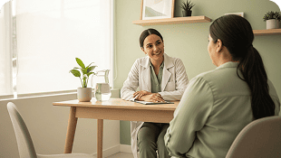 Una doctora se sienta en un escritorio, sonríe y habla con una paciente sobre atención materno perinatal en un despacho luminoso y moderno con paredes verde claro y plantas en macetas.