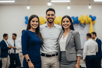Tres personas, dos mujeres y un hombre, sonríen y posan juntos en el acto de Cierre Escuela Empresarial. Otras personas vestidas con trajes de negocios charlan en el fondo, con globos azules y amarillos decorando la pared detrás de ellos.