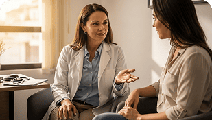 Una doctora, con bata blanca, sonríe mientras habla de un programa de atención materno perinatal con una paciente en una consulta. La paciente escucha atentamente mientras la luz del sol entra por una ventana cercana.