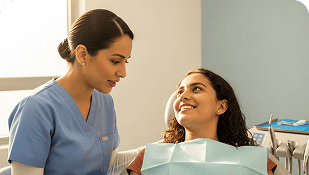 Un dentista con bata azul habla con un paciente sonriente sentado en un sillón dental, con peto protector, en una luminosa consulta dental que también ofrece atención materno perinatal para una atención familiar integral.
