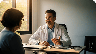 Un médico con bata blanca está sentado en una mesa, hablando de un programa de atención perinatal con una paciente que tiene enfrente, en un despacho iluminado por el sol. Parece estar explicando algo, con un cuaderno y un estetoscopio sobre la mesa.