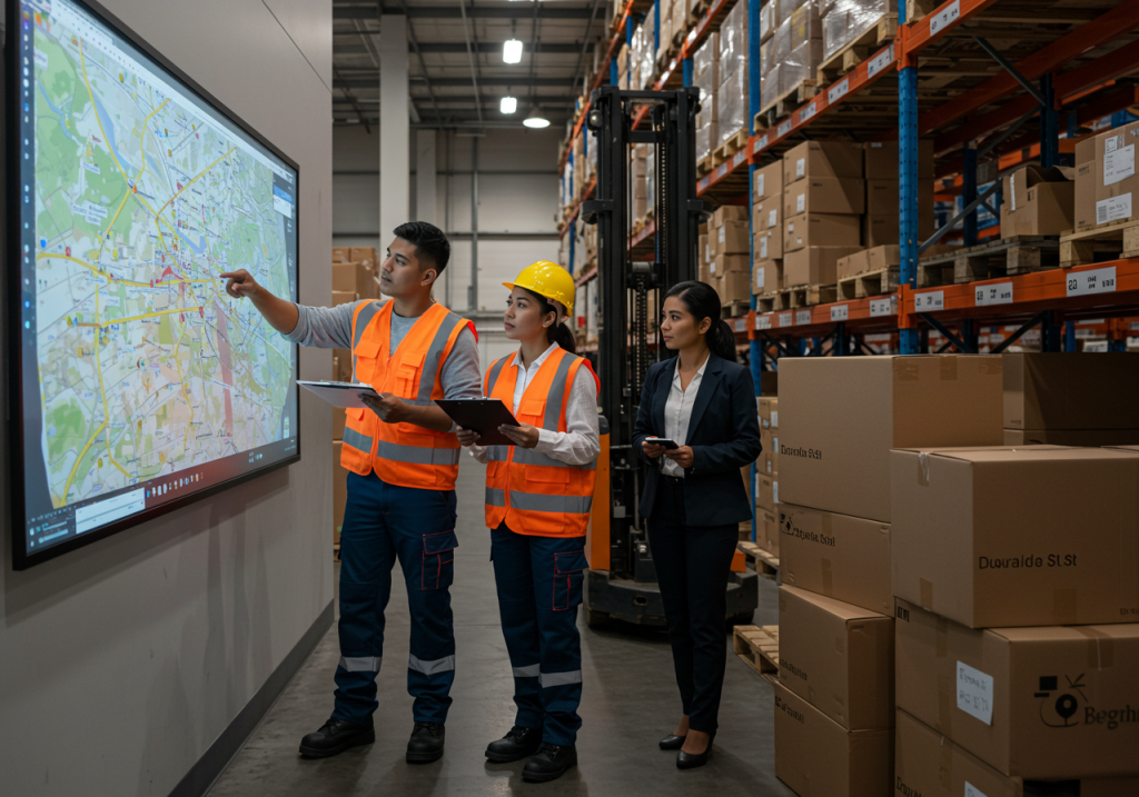 Tres personas en un almacén, dos con chalecos de seguridad y una con traje, permanecen de pie junto a cajas apiladas. El equipo revisa portapapeles mientras uno señala un mapa en una gran pantalla: un ejemplo de logística de clase mundial. Estanterías de cajas llenan el fondo.