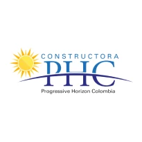 Logotipo para Constructora PHC con un sol amarillo a la izquierda, texto azul y morado, y el eslogan Horizonte Progresista Colombia debajo del título principal, inspirado en el espíritu vibrante del Mirador Campestre.