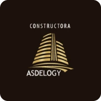 Logotipo para Constructora Asdelogy con un edificio dorado estilizado con líneas horizontales sobre fondo negro, destacando Reservas de Condina, con el nombre de la empresa encima y debajo del gráfico del edificio.
