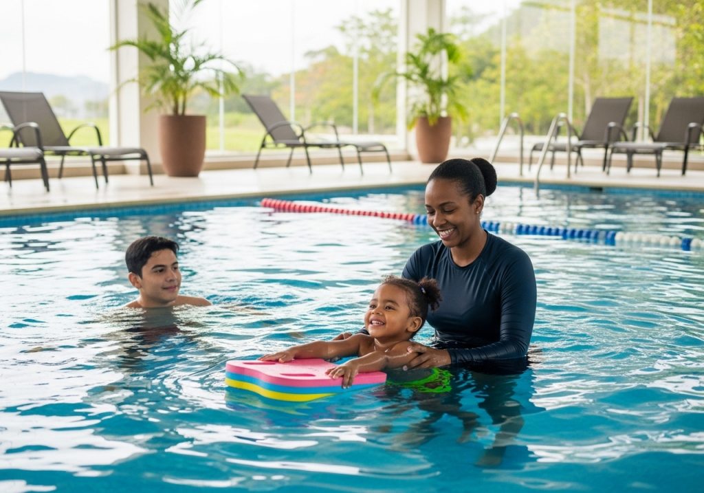 Una mujer sonriente ayuda a una niña con una tabla a aprender a nadar en una piscina cubierta, mientras un niño observa cerca. La zona de la piscina es luminosa, con grandes ventanales y varias plantas en macetas.